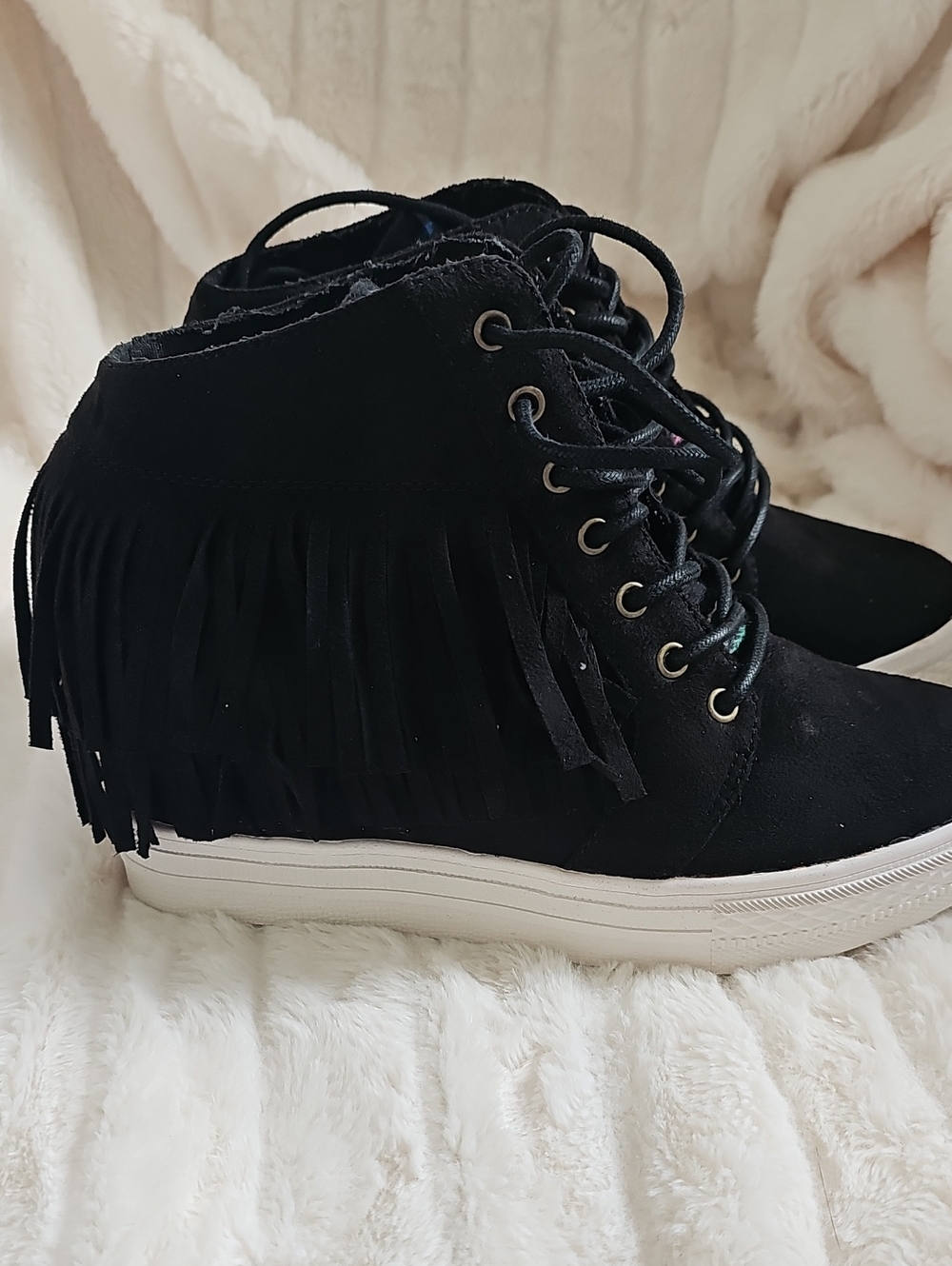 Not Rated Black Fringe Wedge Lace-Up Sneakers with White Platform
